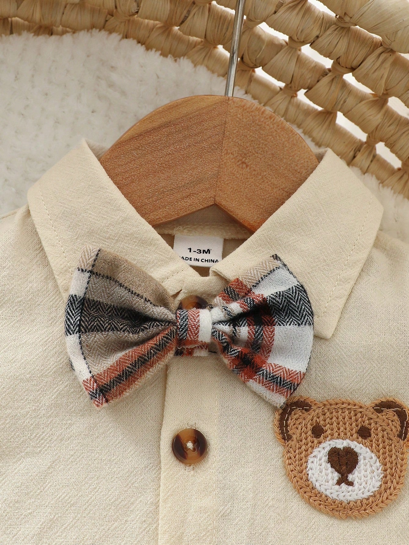 3pcs Baby Boys Bear Patch Bow-Tie Shirt & Plaid Shorts Set - Ecru |...