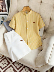 2pcs Boys Mandarin Collar Shirt & Pants Set - Ivory