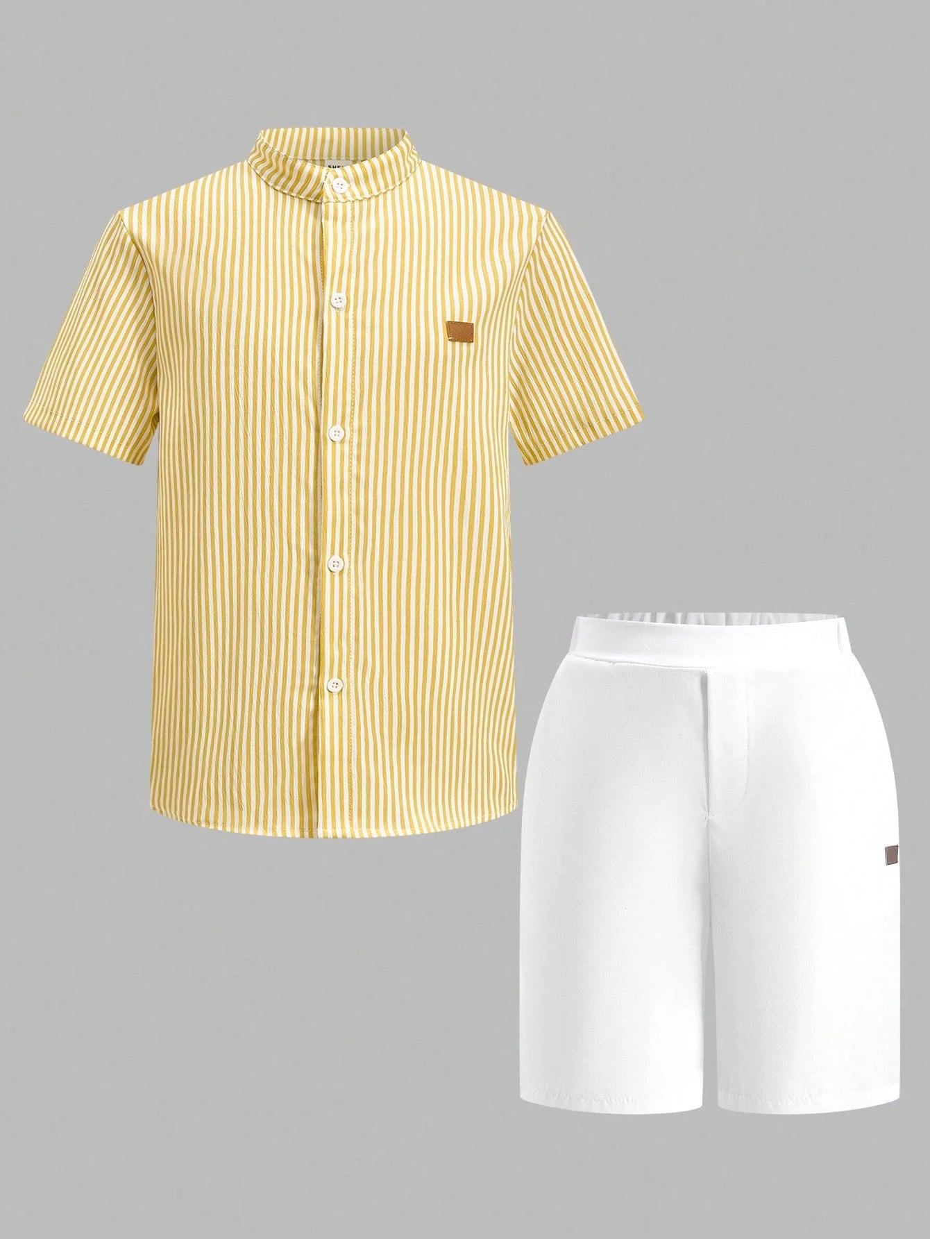 2pcs Boys Mandarin Collar Shirt & Pants Set - Ivory