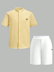 2pcs Boys Mandarin Collar Shirt & Pants Set - Ivory