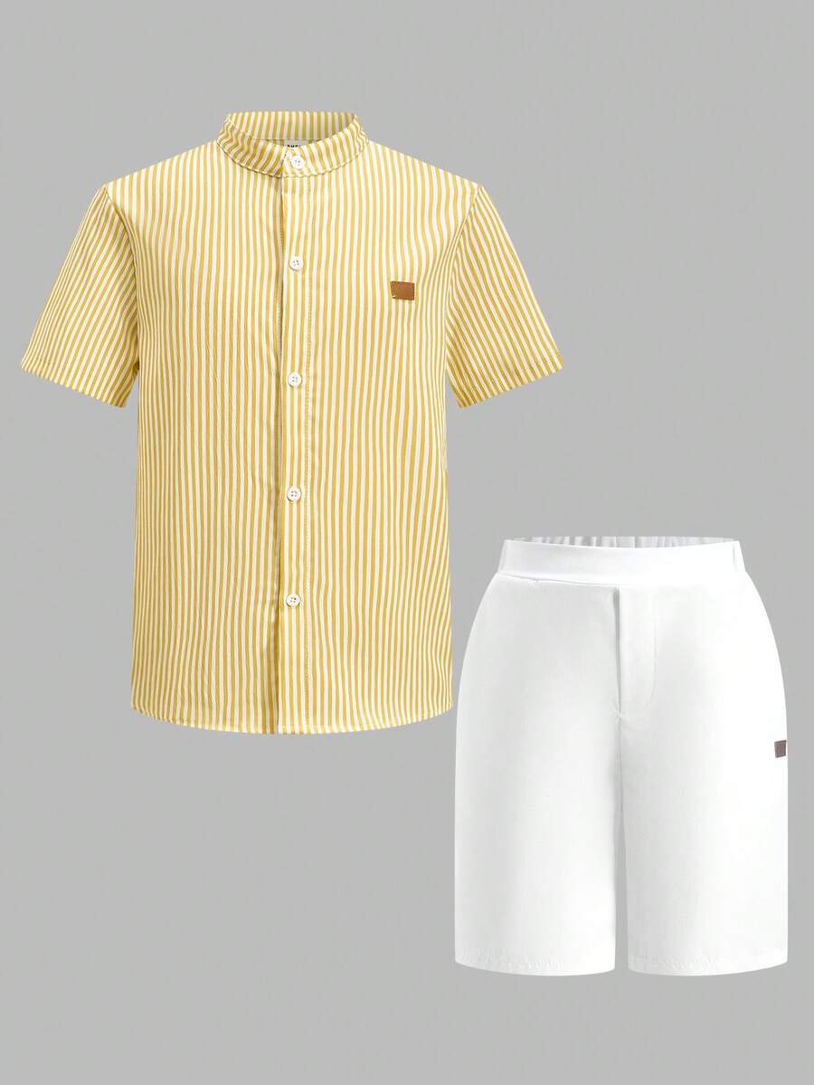 2pcs Boys Mandarin Collar Shirt & Pants Set - Ivory