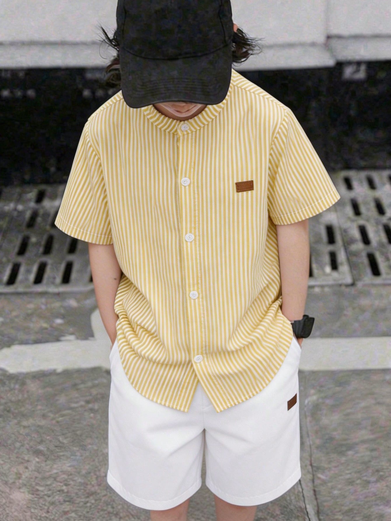 2pcs Boys Mandarin Collar Shirt & Pants Set - Ivory
