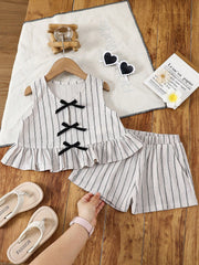 2pcs Little Girls Striped Bow Peplum Top & Shorts Set - Ecru