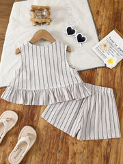 2pcs Little Girls Striped Bow Peplum Top & Shorts Set - Ecru