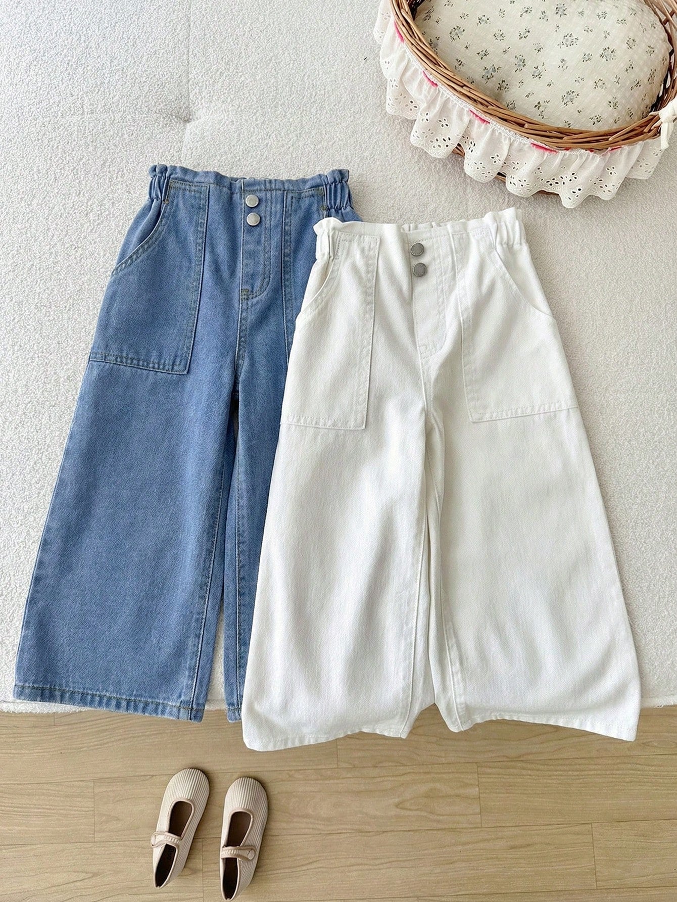2pcs Little Girls Wide-Leg Paperbag Denim Pants Set - Cerulean | 21...
