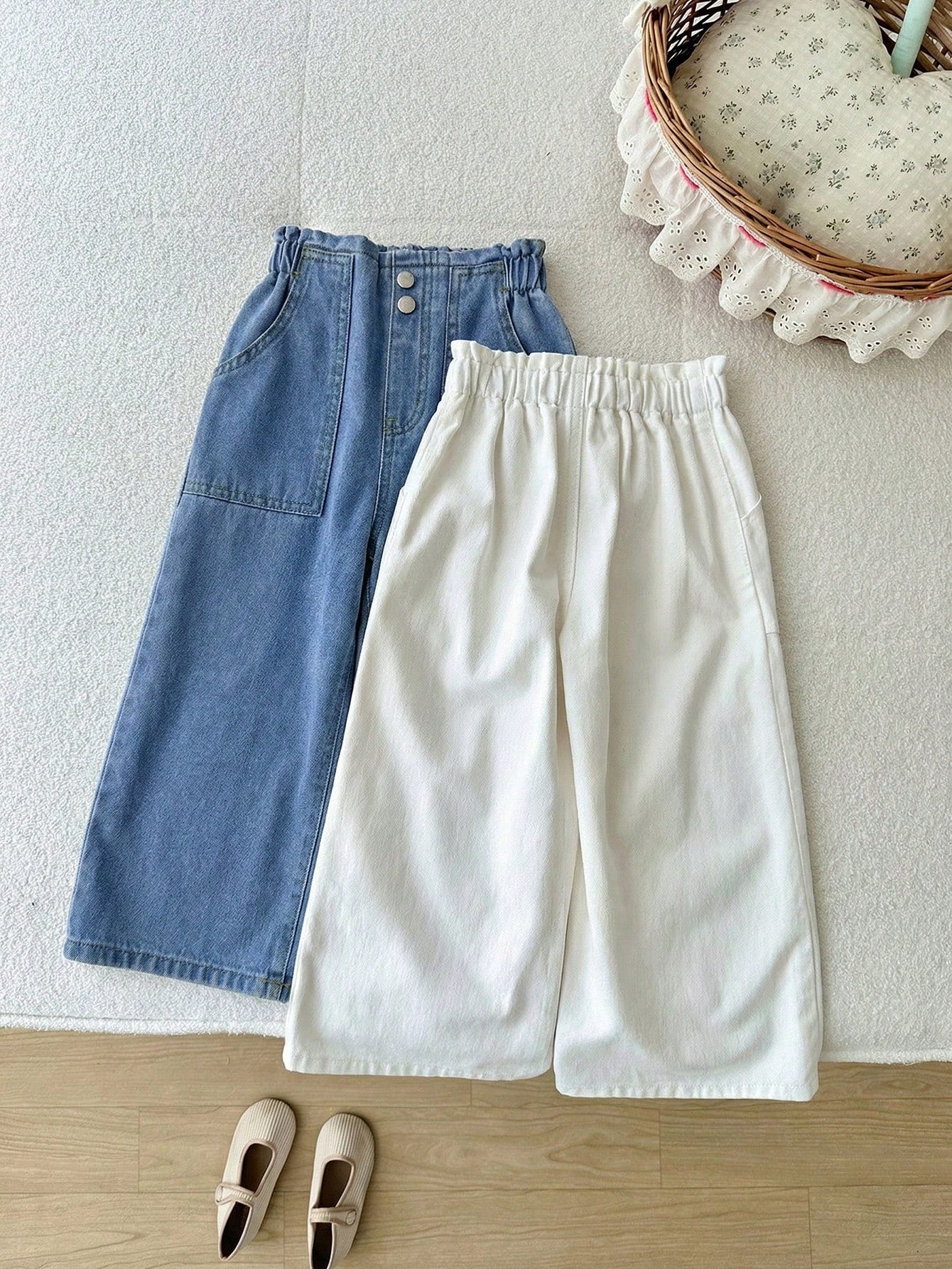 2pcs Little Girls Wide-Leg Paperbag Denim Pants Set - Cerulean | 21...