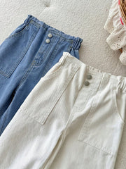 2pcs Little Girls Wide-Leg Paperbag Denim Pants Set - Cerulean | 21...