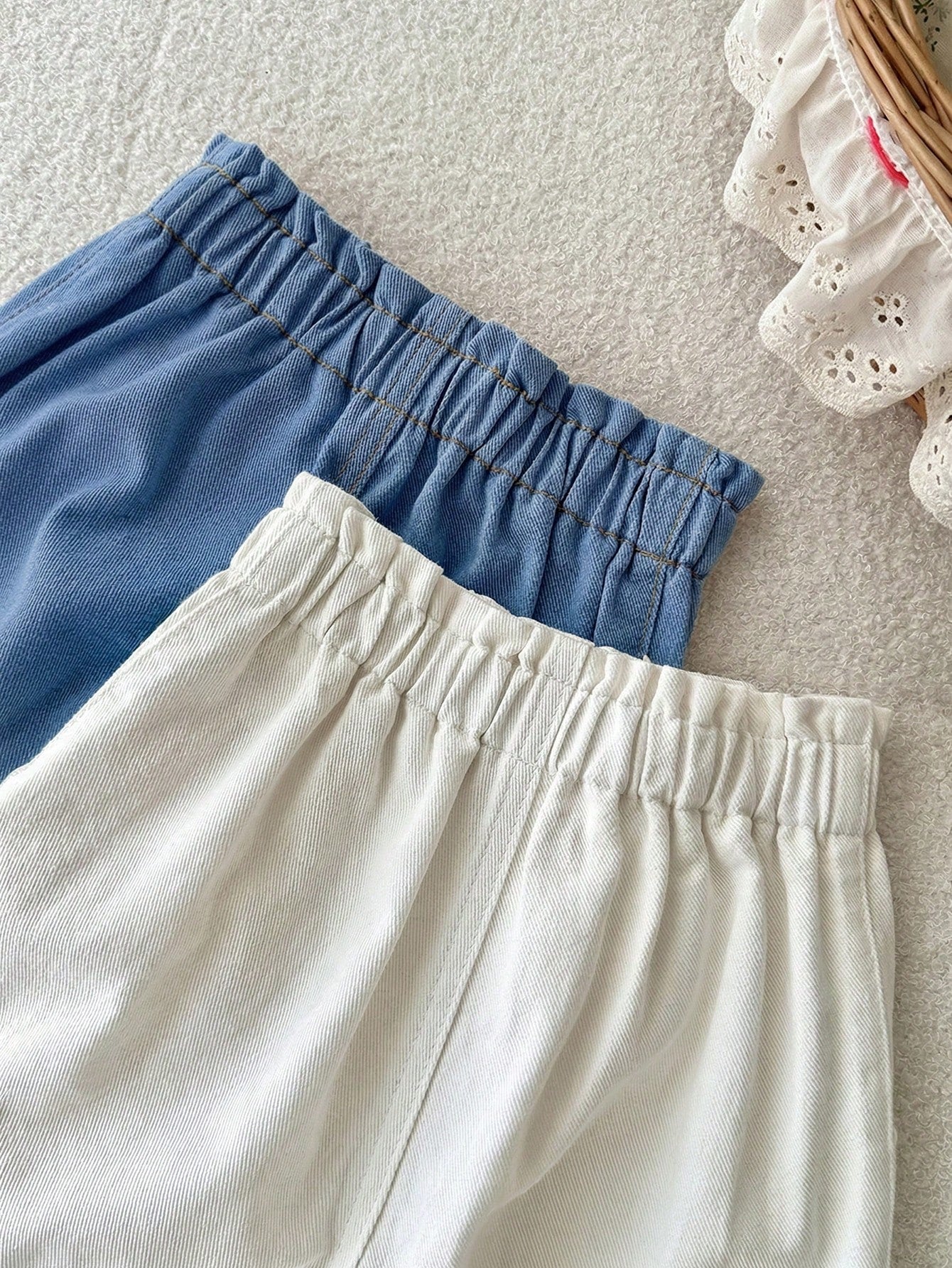 2pcs Little Girls Wide-Leg Paperbag Denim Pants Set - Cerulean | 21...