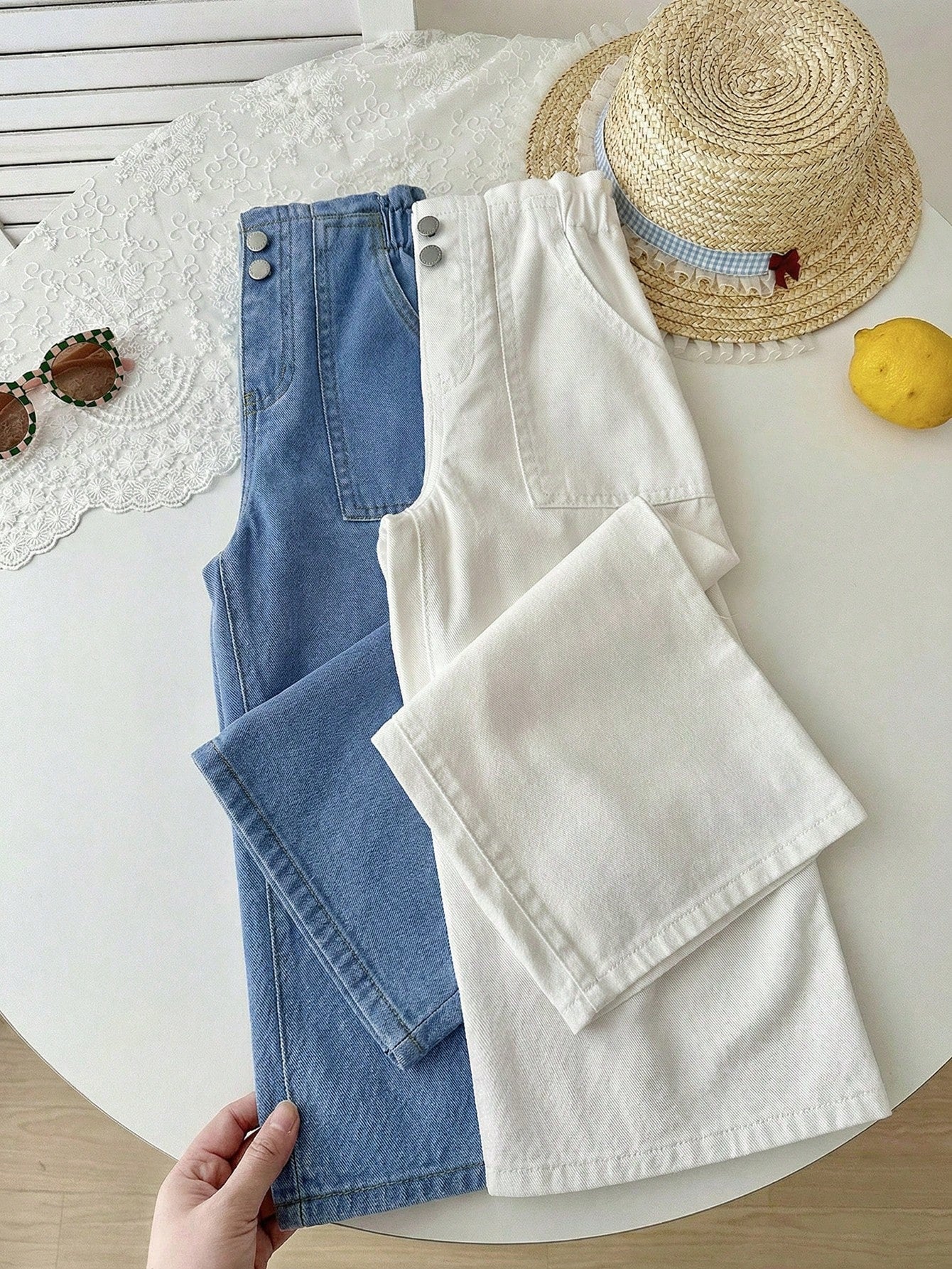 2pcs Little Girls Wide-Leg Paperbag Denim Pants Set - Cerulean | 21...