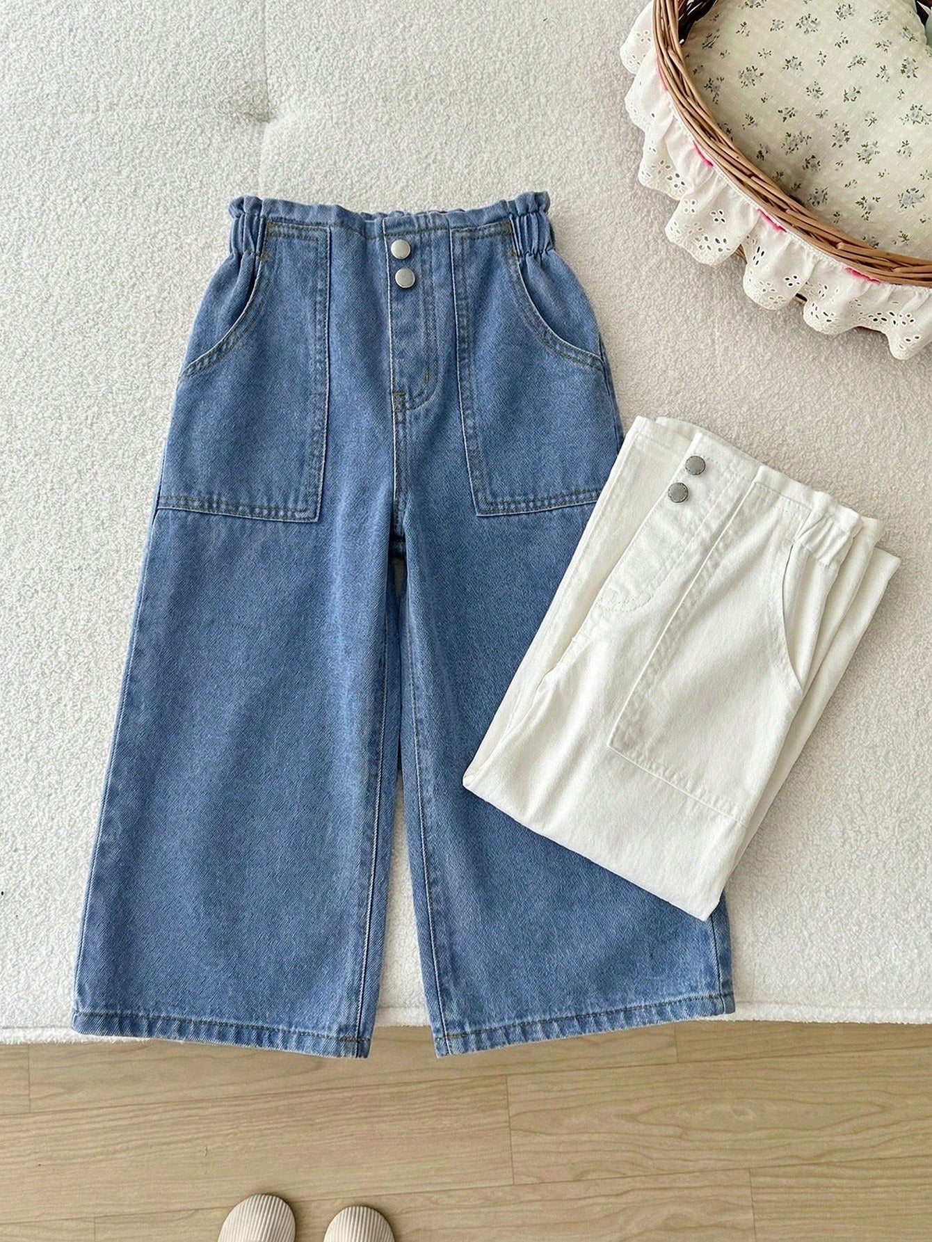 2pcs Little Girls Wide-Leg Paperbag Denim Pants Set - Cerulean | 21...