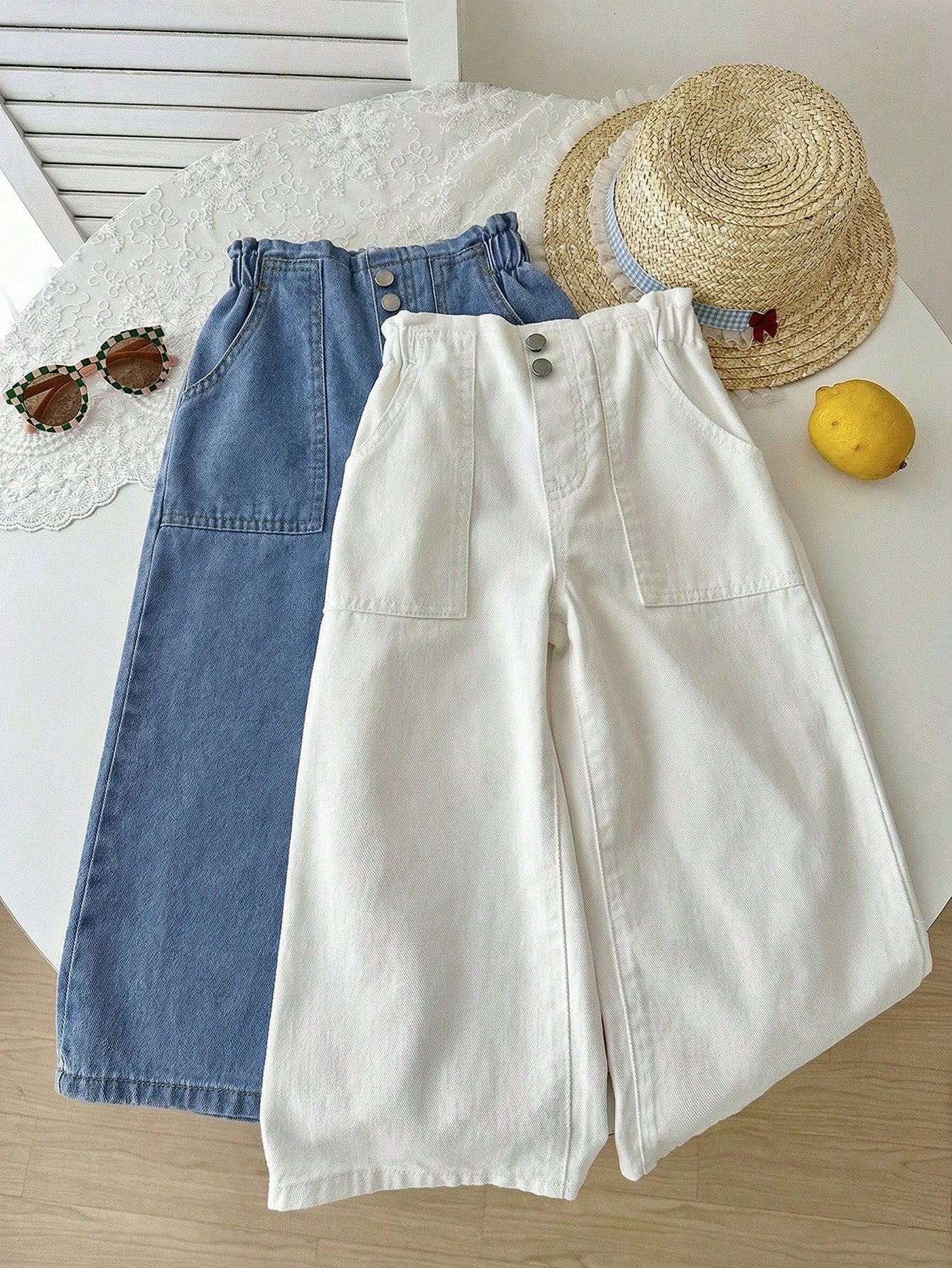 2pcs Little Girls Wide-Leg Paperbag Denim Pants Set - Cerulean | 21...