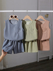 3pcs Little Boys Waffle Knit Vest & Shorts Set - Slate