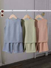 3pcs Little Boys Waffle Knit Vest & Shorts Set - Slate