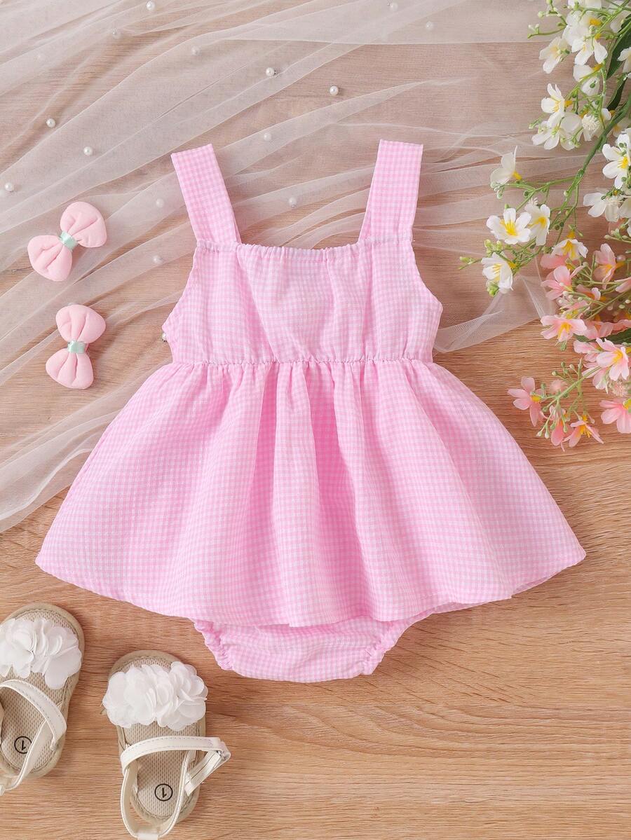 Girls Gingham Bow-Front Skirted Romper - Blush