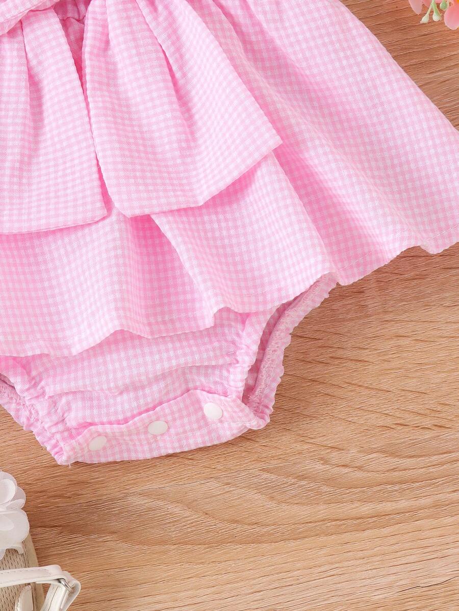 Girls Gingham Bow-Front Skirted Romper - Blush