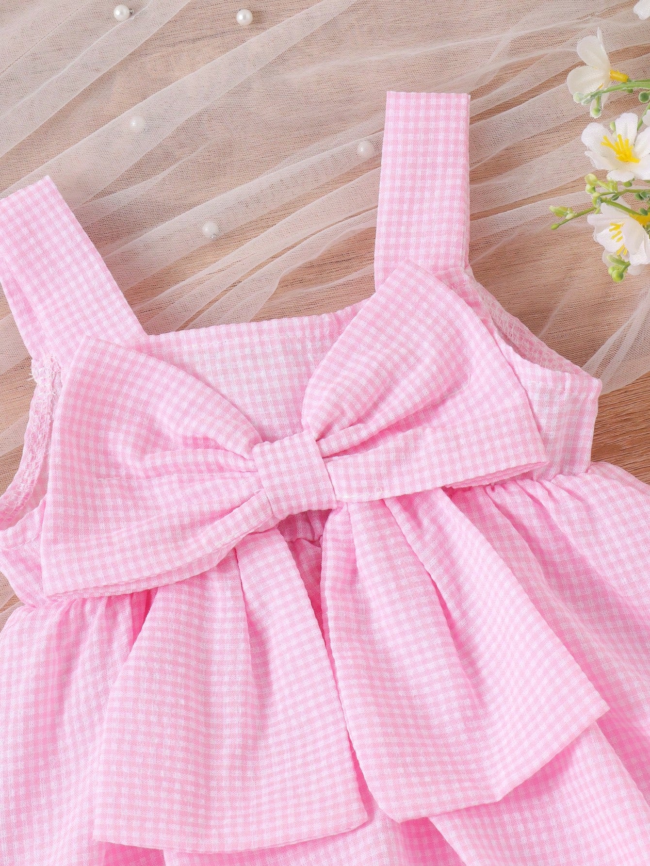 Girls Gingham Bow-Front Skirted Romper - Blush