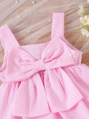 Girls Gingham Bow-Front Skirted Romper - Blush
