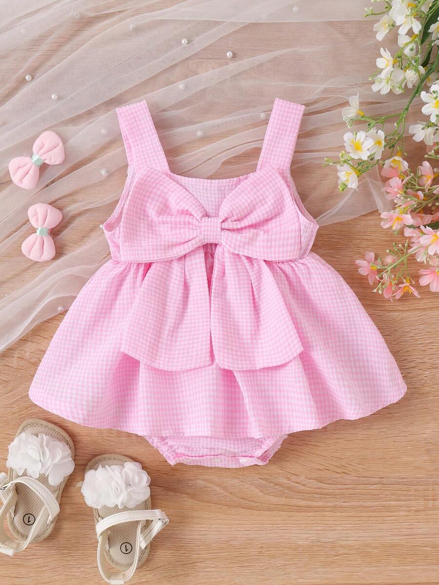 Girls Gingham Bow-Front Skirted Romper - Blush