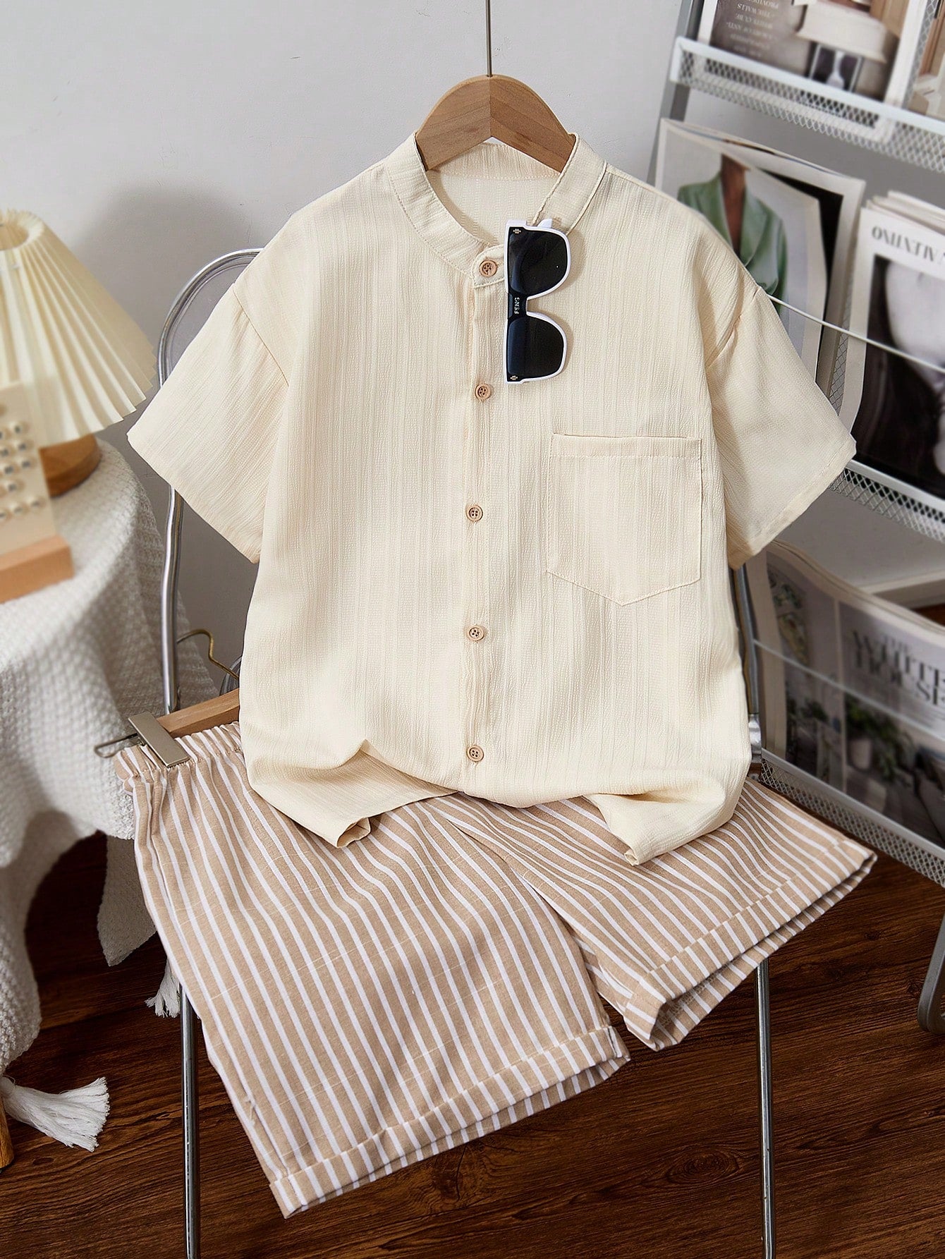 2pcs Boys Textured Shirt & Striped Bermuda Shorts Set - Ecru | 21 C...