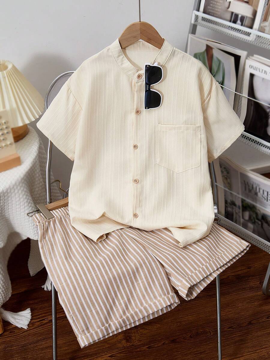 2pcs Boys Textured Shirt & Striped Bermuda Shorts Set - Ecru | 21 C...