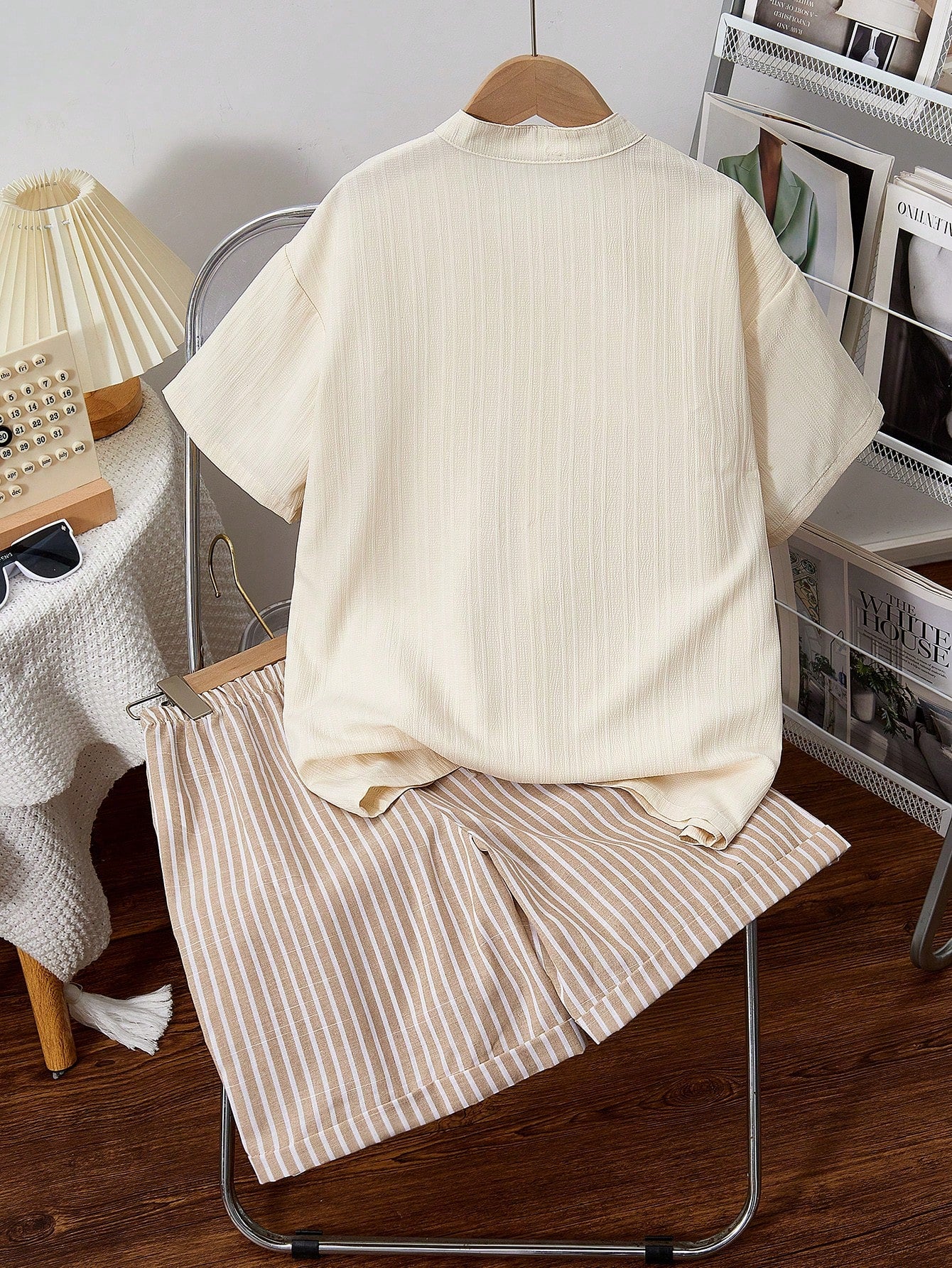 2pcs Boys Textured Shirt & Striped Bermuda Shorts Set - Ecru | 21 C...