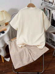 2pcs Boys Textured Shirt & Striped Bermuda Shorts Set - Ecru | 21 C...
