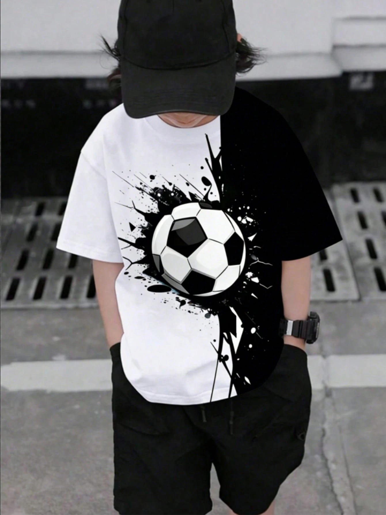 Little Boys Football Graphic Colourblock Drop Shoulder Tee - Onyx