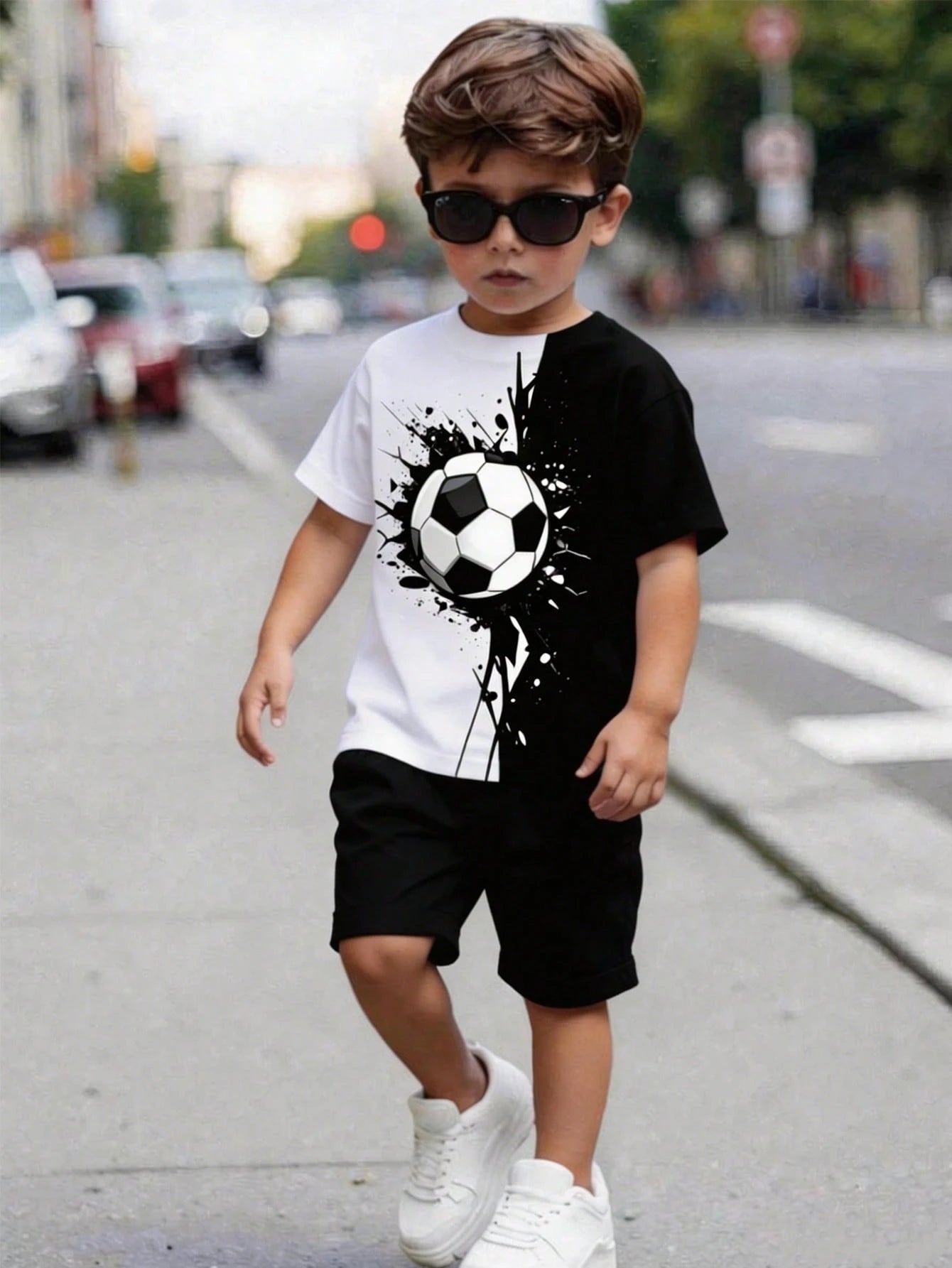 Little Boys Football Graphic Colourblock Drop Shoulder Tee - Onyx