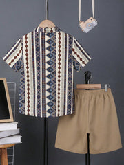 2pcs Boys Aztec Print Shirt & Chino Shorts Set - Ecru | 21 Century ...