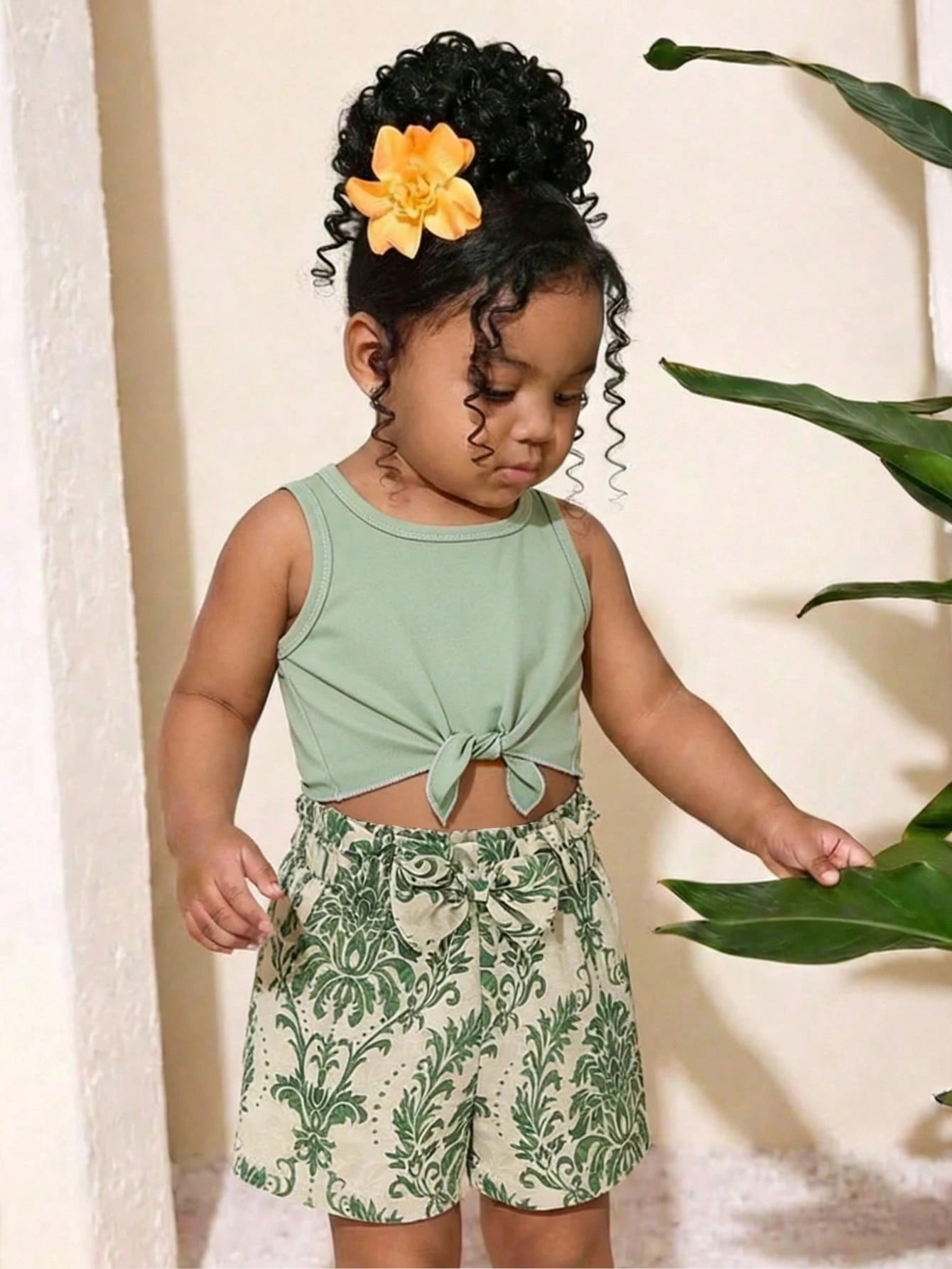 Girls Knotted Tank & Botanical Print Shorts Set - Sage