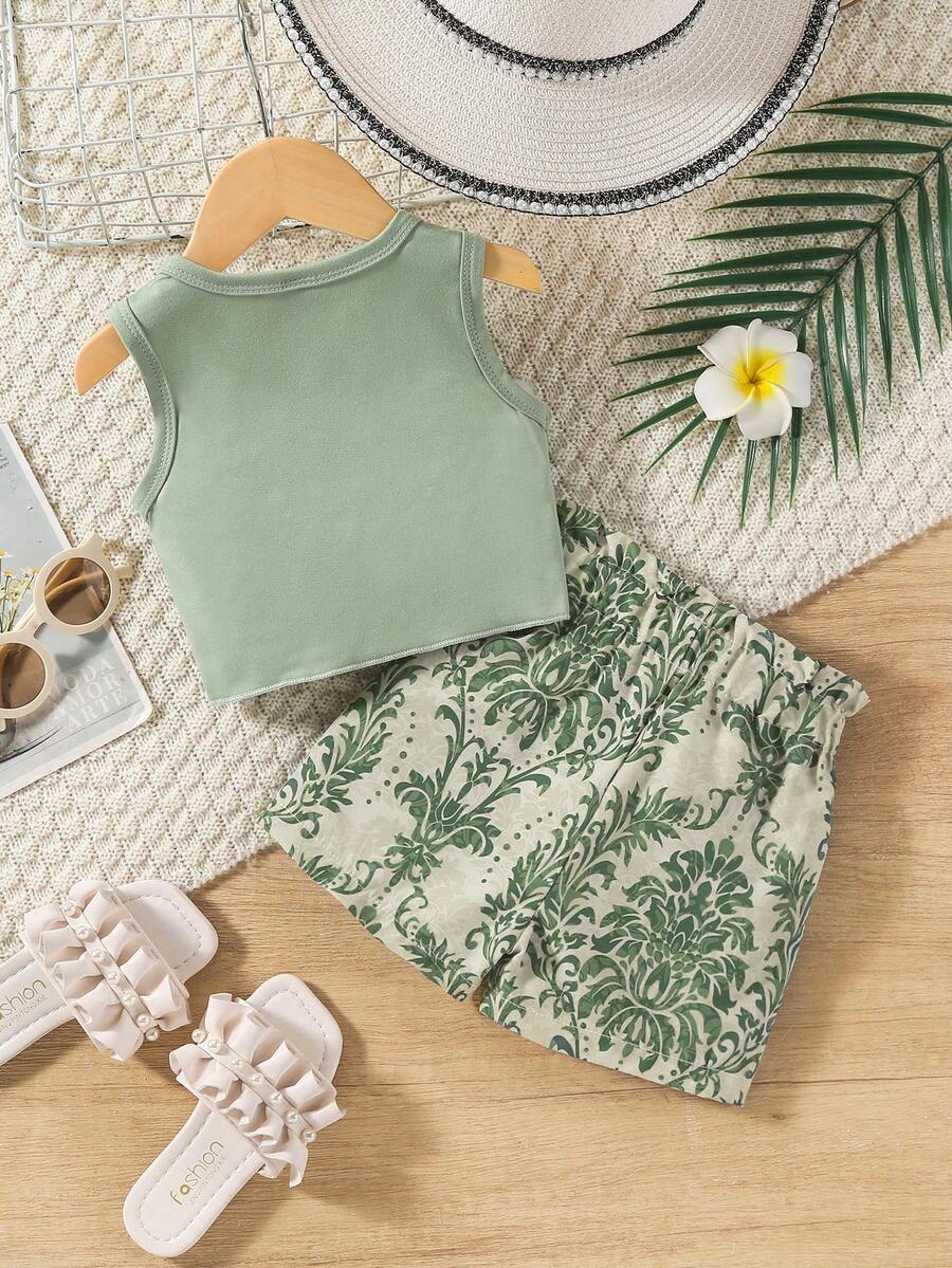 Girls Knotted Tank & Botanical Print Shorts Set - Sage