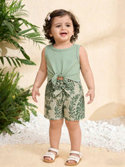 Girls Knotted Tank & Botanical Print Shorts Set - Sage