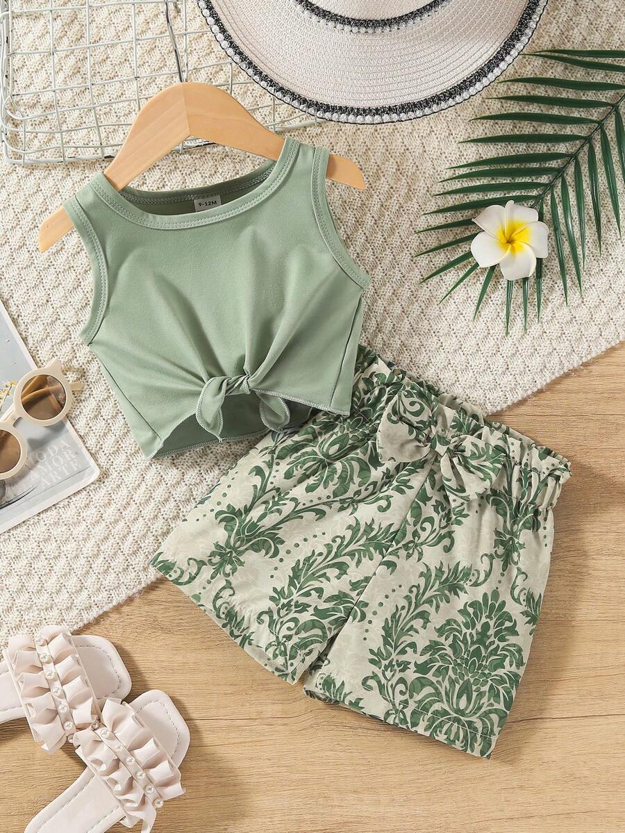 Girls Knotted Tank & Botanical Print Shorts Set - Sage
