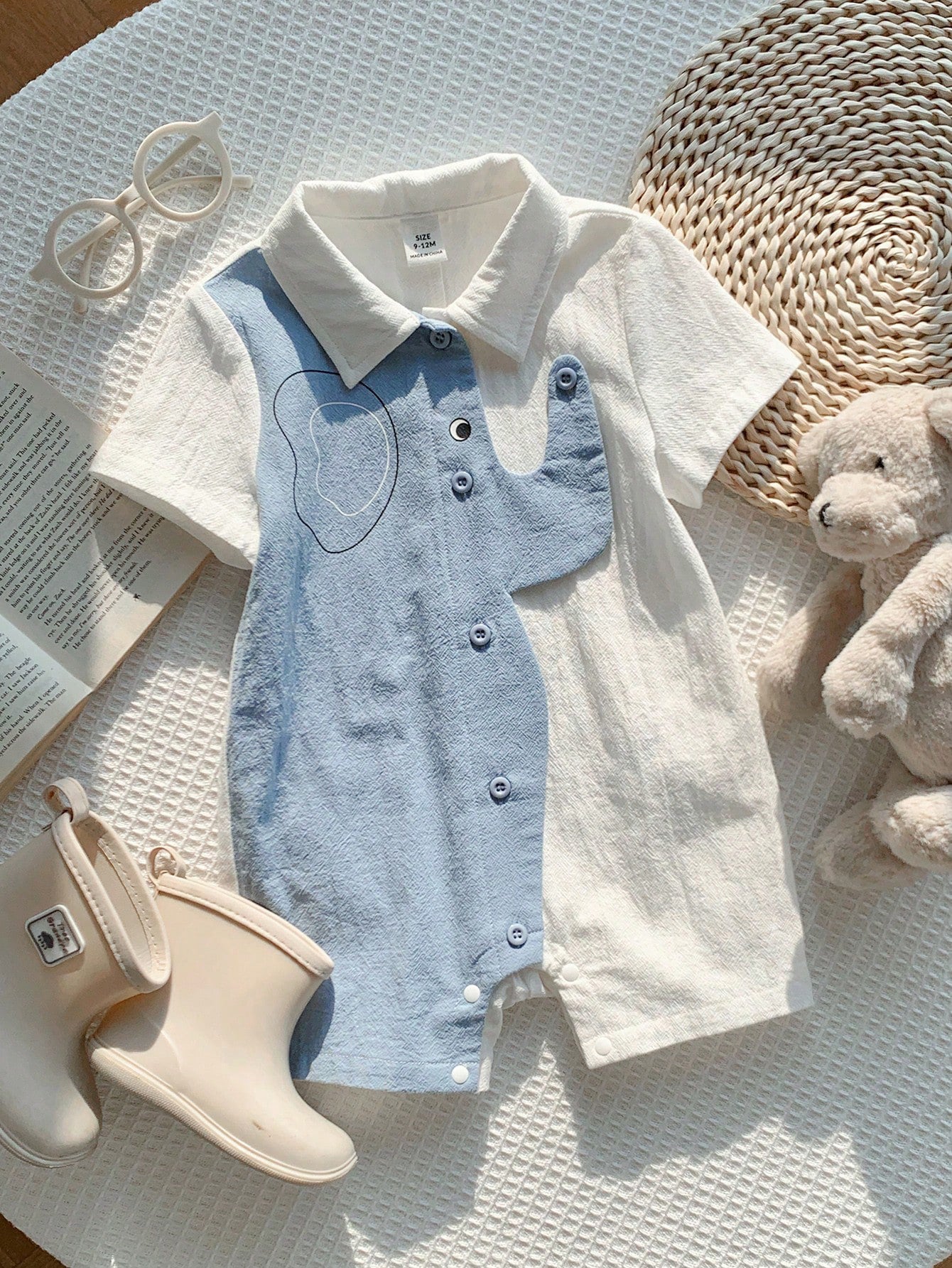 Baby Boys Elephant Print Collar Romper - Powder Blue