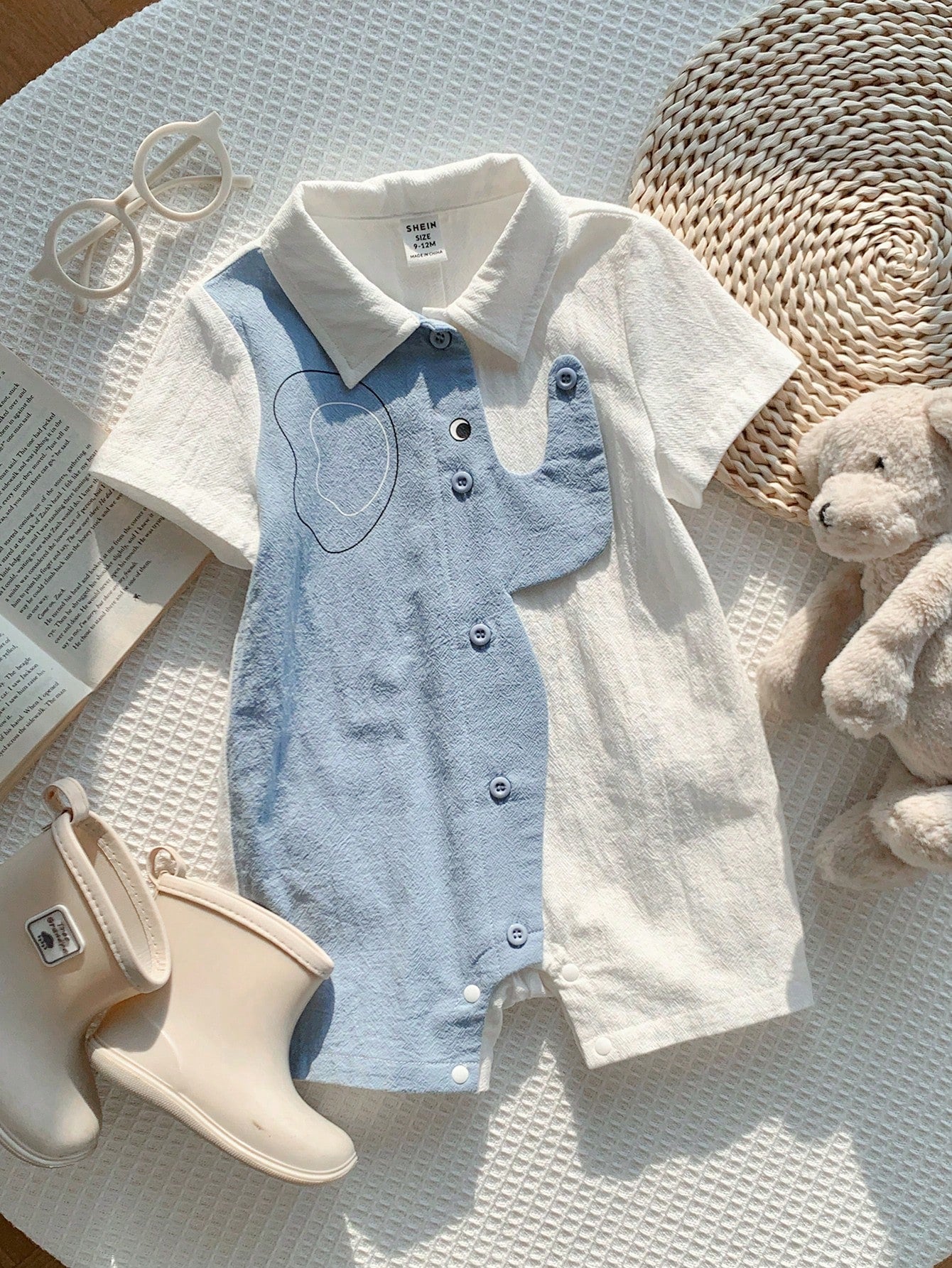 Baby Boys Elephant Print Collar Romper - Powder Blue
