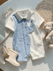 Baby Boys Elephant Print Collar Romper - Powder Blue
