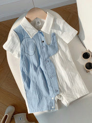 Baby Boys Elephant Print Collar Romper - Powder Blue