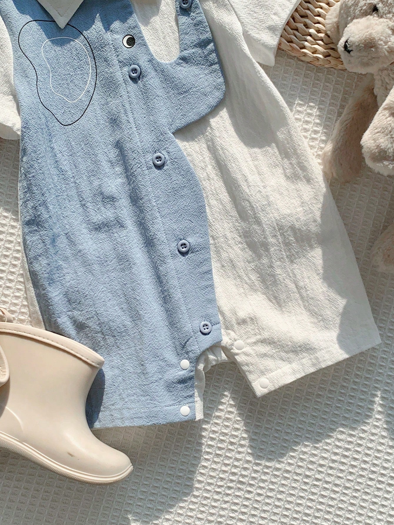 Baby Boys Elephant Print Collar Romper - Powder Blue