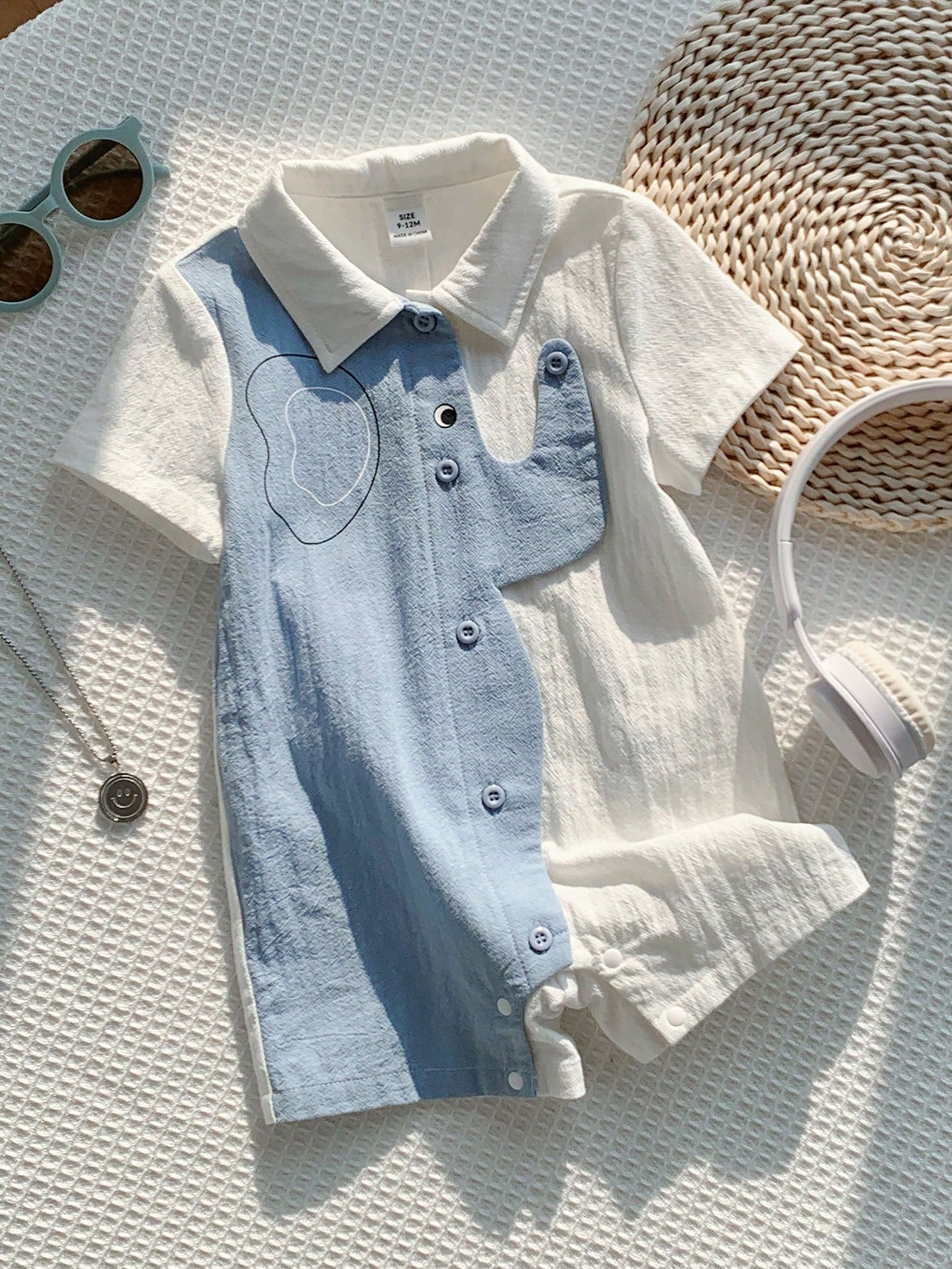 Baby Boys Elephant Print Collar Romper - Powder Blue