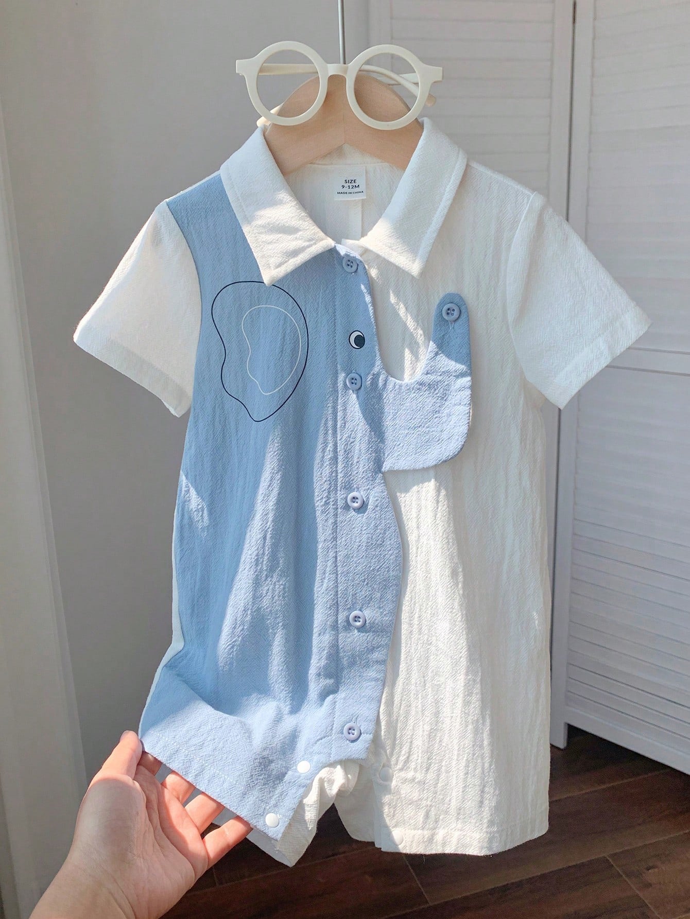 Baby Boys Elephant Print Collar Romper - Powder Blue