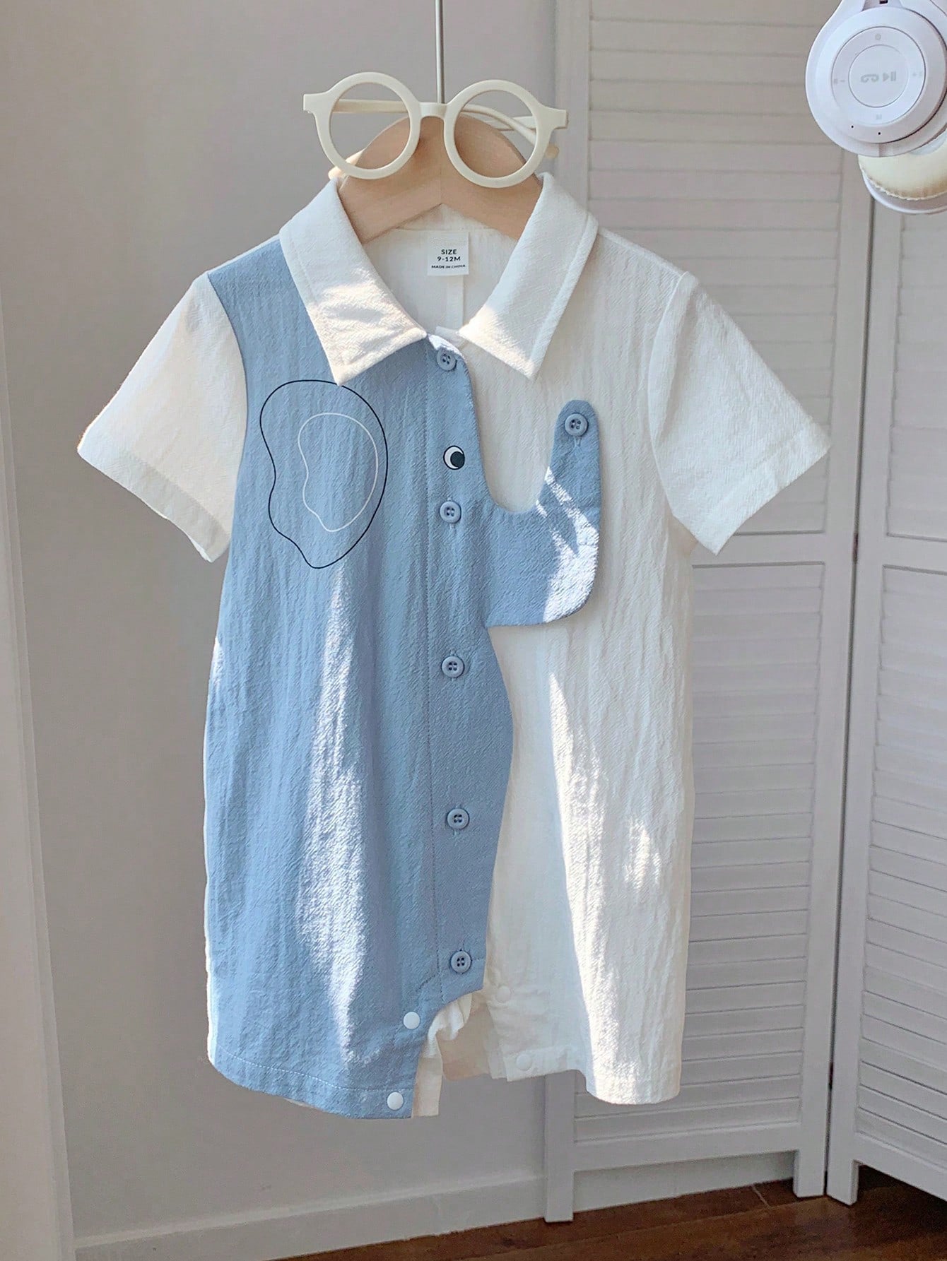 Baby Boys Elephant Print Collar Romper - Powder Blue