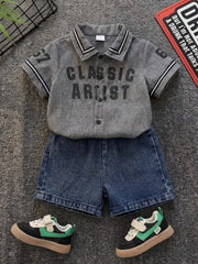 2pcs Boys Classic Artist Varsity Jacket & Denim Shorts Set - Griege