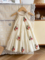 Little Girls Floral Embroidered Halter Tiered Midi Dress - Ecru