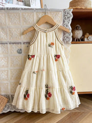 Little Girls Floral Embroidered Halter Tiered Midi Dress - Ecru