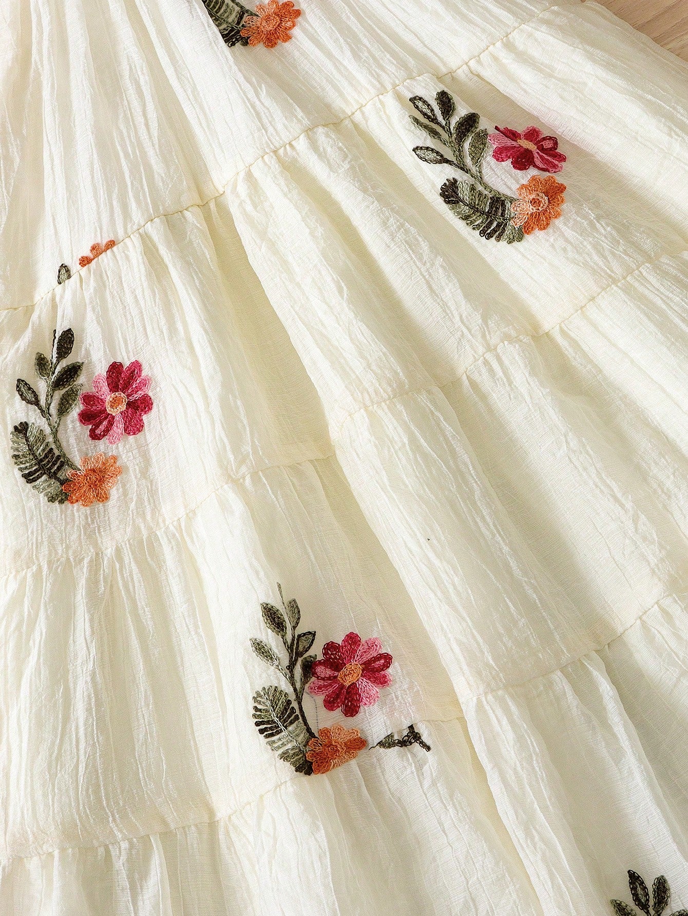 Little Girls Floral Embroidered Halter Tiered Midi Dress - Ecru