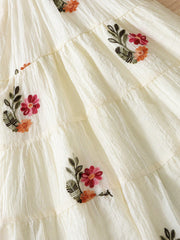 Little Girls Floral Embroidered Halter Tiered Midi Dress - Ecru
