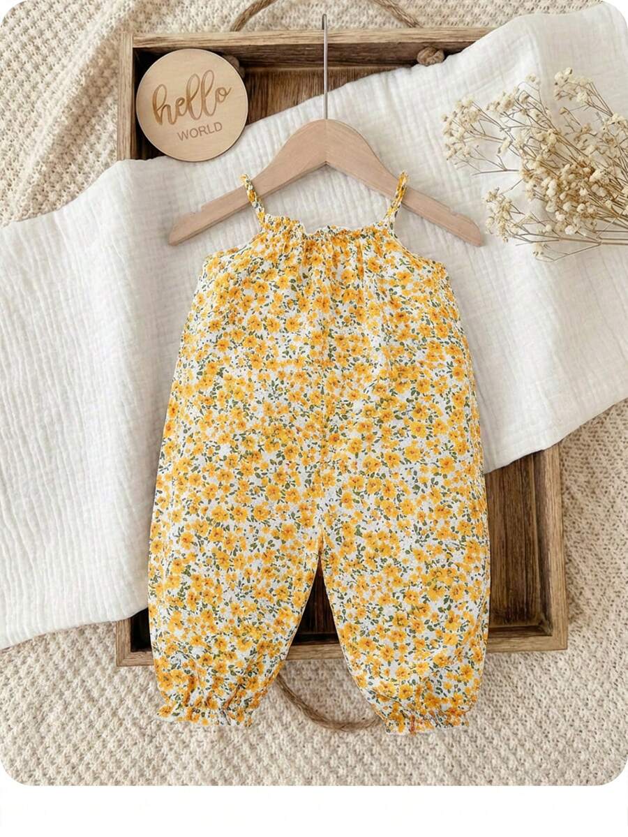 Girls Floral Spaghetti Strap Romper - Buttercup