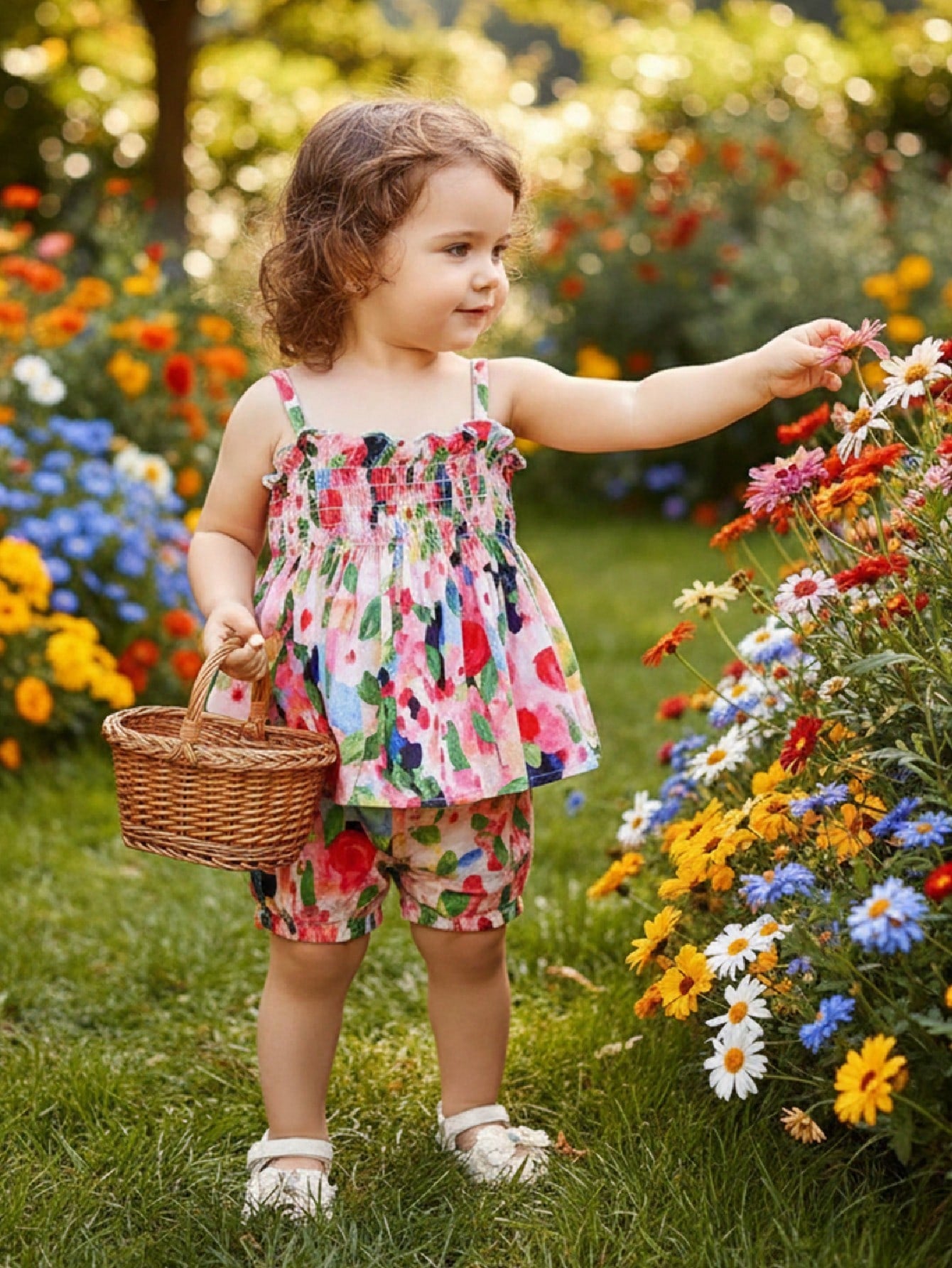2pcs Girls Floral Shirred Cami Top & Shorts Set - Blush