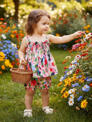 2pcs Girls Floral Shirred Cami Top & Shorts Set - Blush