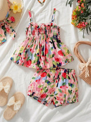 2pcs Girls Floral Shirred Cami Top & Shorts Set - Blush